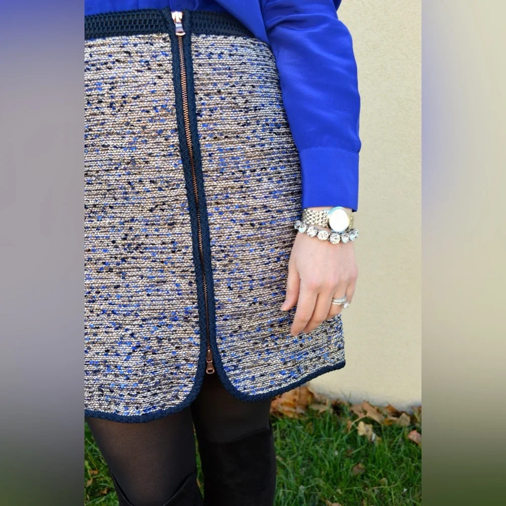 J. CREW Navy Tweed Skirt w Gold Zipper Front Slit